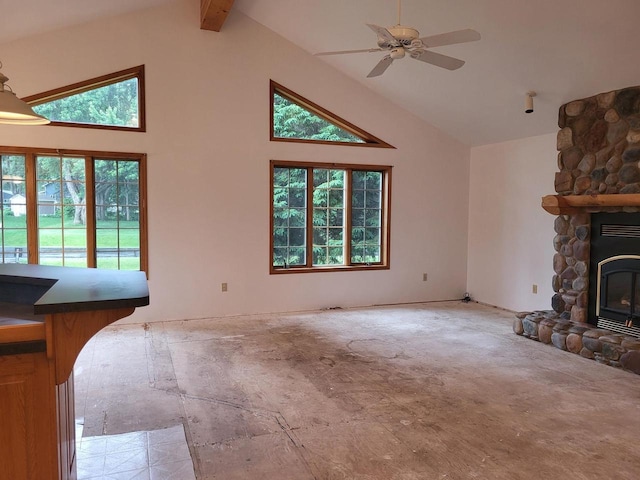 1607 E Cleveland St, Marshfield, WI 54449 - unfurnished living room with high vaulted ceiling, a fireplace, and ceiling fan