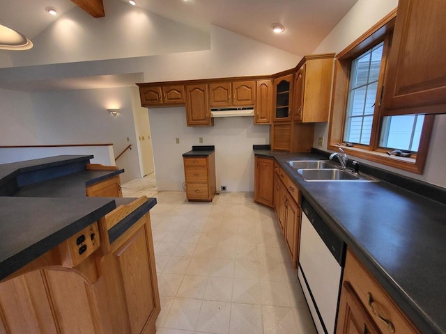 1607 E Cleveland St, Marshfield, WI 54449 - kitchen featuring white dishwasher, lofted ceiling, under cabinet range hood, brown cabinetry, and dark countertops