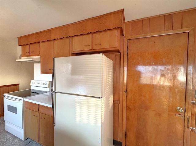 1117 21st St, Monroe, WI 53566 - kitchen with white appliances, under cabinet range hood, and light countertops