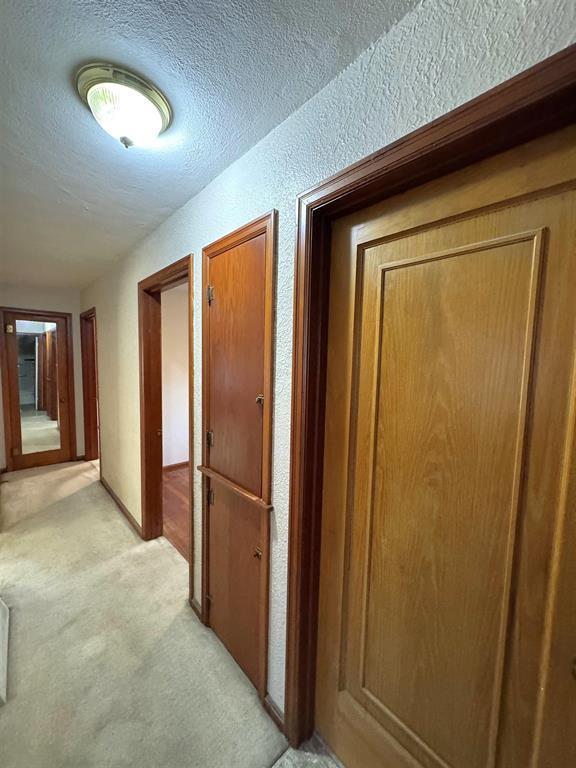 1117 21st St, Monroe, WI 53566 - hall featuring light colored carpet, a textured ceiling, and a textured wall