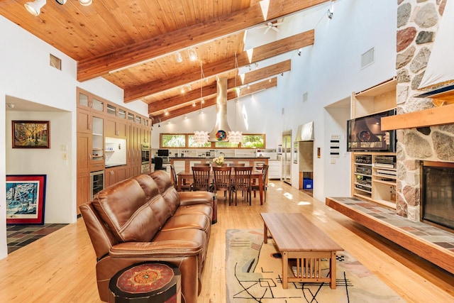 W296N2978 Franciscan Rd, Pewaukee, WI 53072 - living room with a fireplace, wood finished floors, high vaulted ceiling, and a wood ceiling with exposed beams