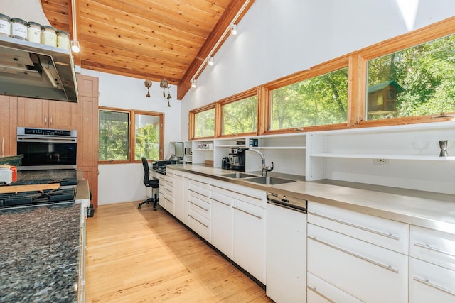 W296N2978 Franciscan Rd, Pewaukee, WI 53072 - kitchen with stainless steel appliances, light wood finished floors, white cabinetry, wooden ceiling, and exhaust hood