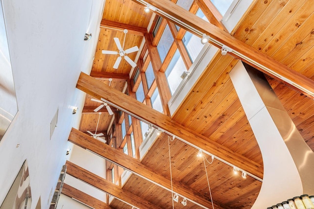 W296N2978 Franciscan Rd, Pewaukee, WI 53072 - stairway with track lighting, a high ceiling, ceiling fan, and wood ceiling