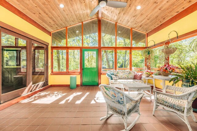 W296N2978 Franciscan Rd, Pewaukee, WI 53072 - sunroom featuring tile patterned flooring, healthy amount of natural light, ceiling fan, recessed lighting, and wood ceiling
