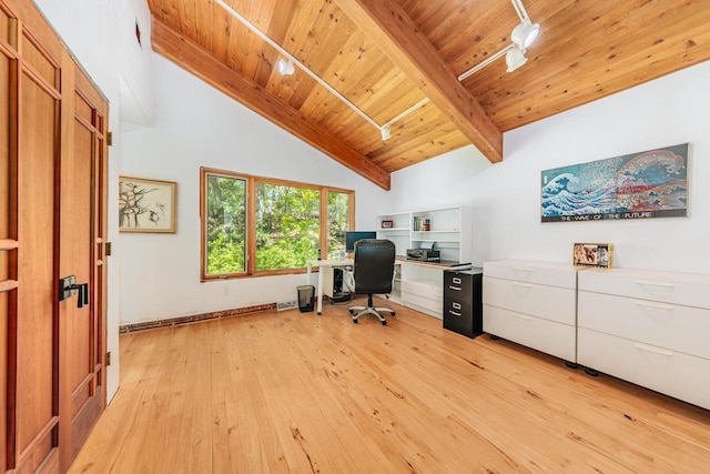 W296N2978 Franciscan Rd, Pewaukee, WI 53072 - office area with light wood-style floors, a wooden ceiling with exposed beams, and high vaulted ceiling