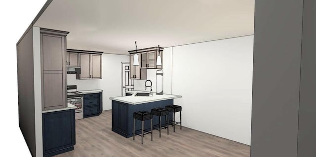 6615 Cavin Dr, Wausau, WI 54401 - kitchen featuring a kitchen bar, stainless steel range oven, a peninsula, and light wood-style flooring