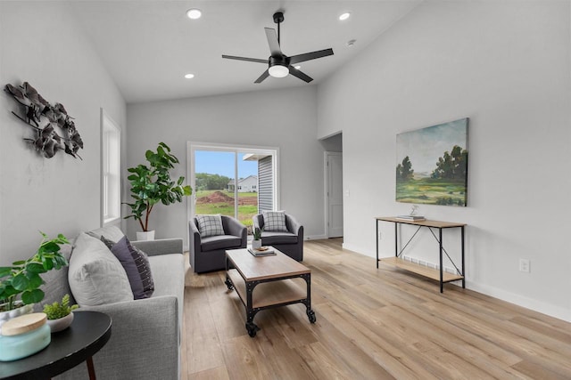 3453 Veanna Blvd, Oshkosh, WI 54904 - living room featuring ceiling fan, light wood finished floors, recessed lighting, and high vaulted ceiling