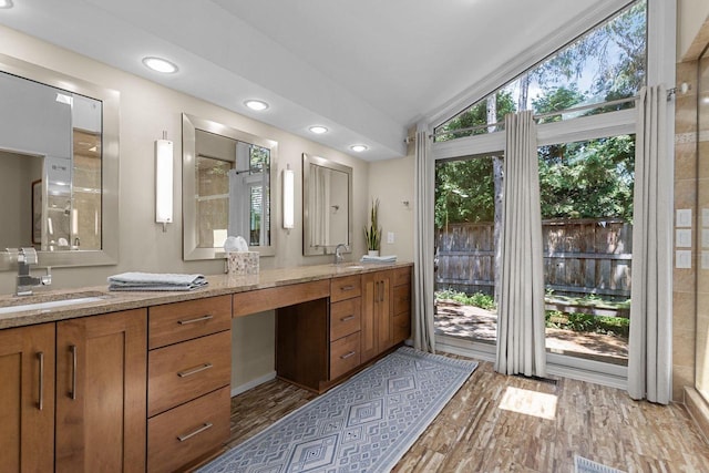 1824 W Reid Dr, Appleton, WI 54914 - full bath featuring double vanity, lofted ceiling, wood finished floors, and recessed lighting
