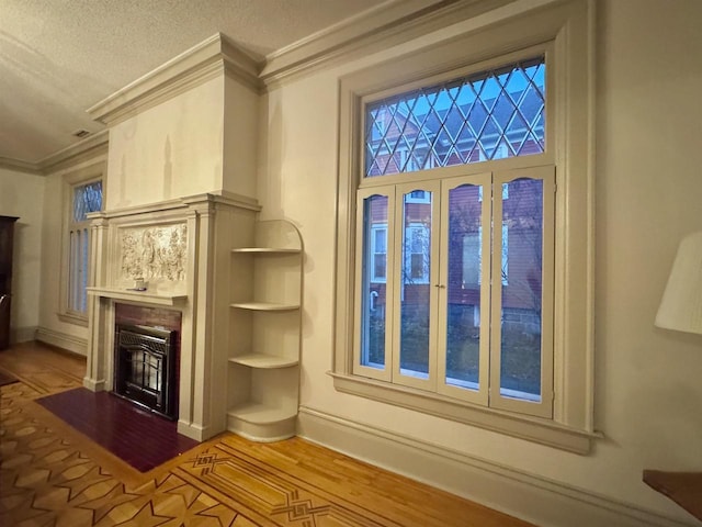 195 E Park Ave, Berlin, WI 54923 - detailed view of ornamental molding, a fireplace with flush hearth, wood finished floors, and a textured ceiling