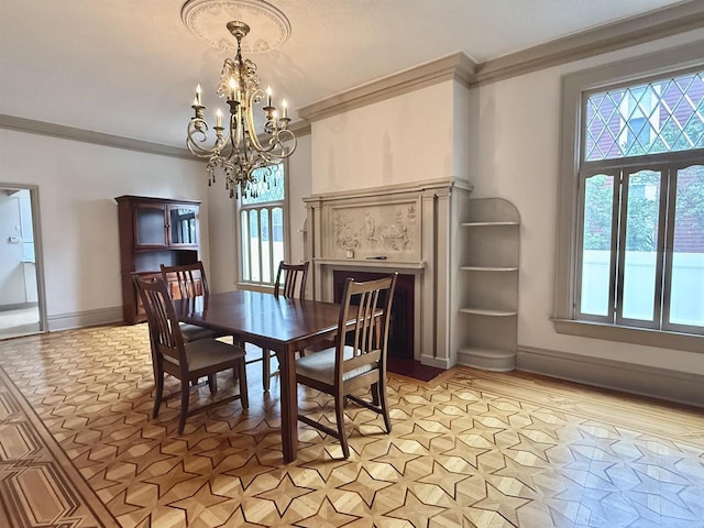195 E Park Ave, Berlin, WI 54923 - dining space with crown molding, a chandelier, and plenty of natural light