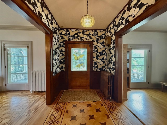 195 E Park Ave, Berlin, WI 54923 - foyer entrance with radiator heating unit, light wood-type flooring, ornamental molding, wallpapered walls, and a wainscoted wall