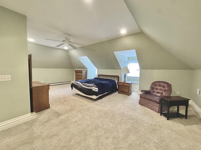 195 E Park Ave, Berlin, WI 54923 - carpeted bedroom featuring lofted ceiling, a baseboard radiator, recessed lighting, and a ceiling fan