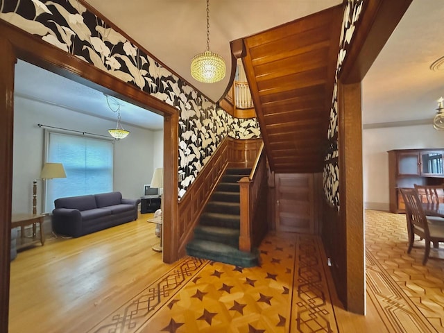 195 E Park Ave, Berlin, WI 54923 - staircase with wallpapered walls and baseboards