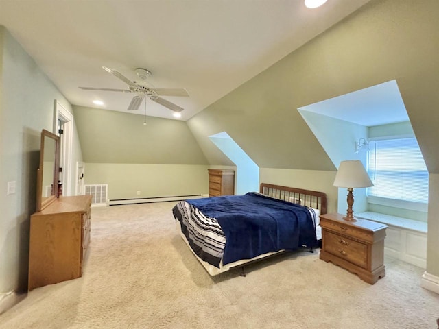 195 E Park Ave, Berlin, WI 54923 - bedroom featuring a baseboard radiator, light carpet, lofted ceiling, ceiling fan, and recessed lighting