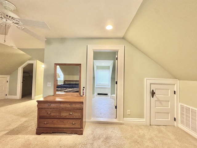 195 E Park Ave, Berlin, WI 54923 - additional living space featuring light colored carpet, lofted ceiling, and ceiling fan