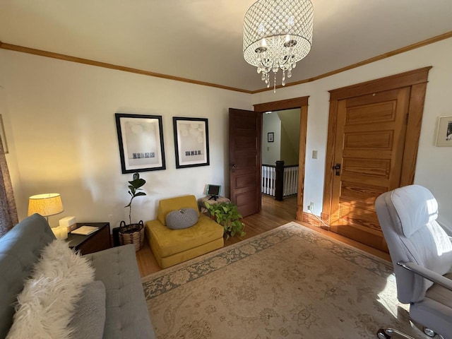 2505 Robinsdale Ave, La Crosse, WI 54601 - office area featuring wood finished floors, a chandelier, and ornamental molding