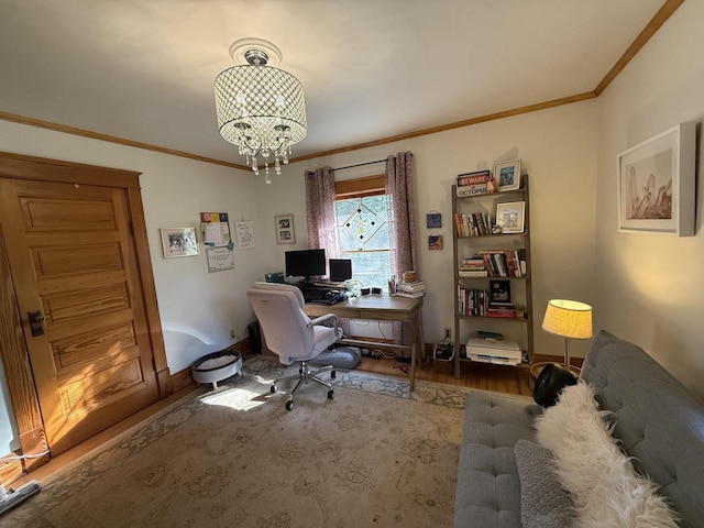 2505 Robinsdale Ave, La Crosse, WI 54601 - home office with wood finished floors, crown molding, and a chandelier