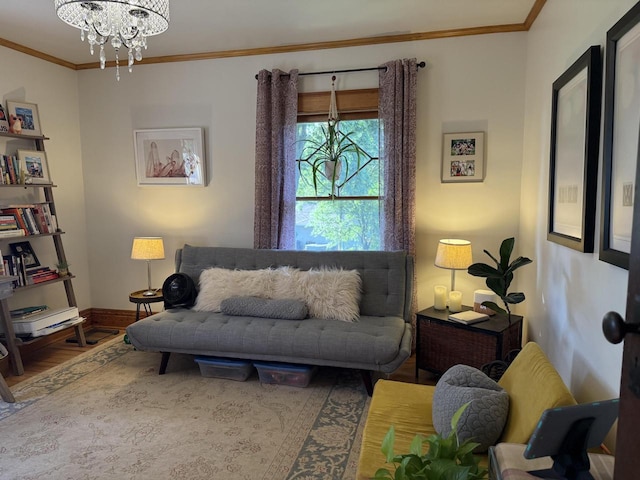 2505 Robinsdale Ave, La Crosse, WI 54601 - living area featuring wood finished floors, a chandelier, and crown molding