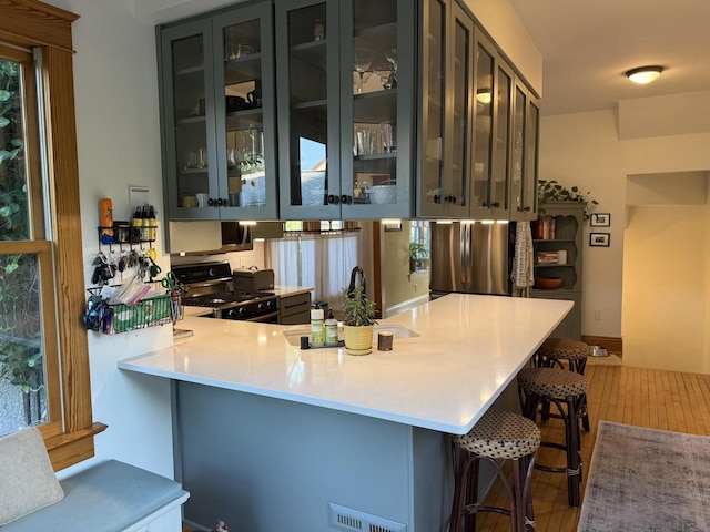 2505 Robinsdale Ave, La Crosse, WI 54601 - kitchen featuring appliances with stainless steel finishes, glass insert cabinets, light wood finished floors, light countertops, and a breakfast bar