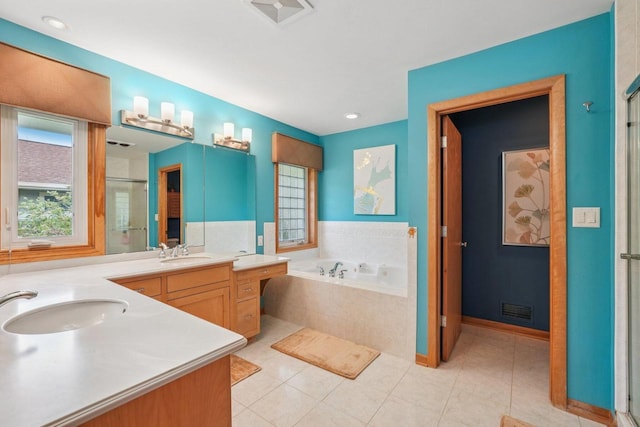 3426 W Links Dr, Franklin, WI 53132 - bathroom with a bath, a shower stall, plenty of natural light, and double vanity