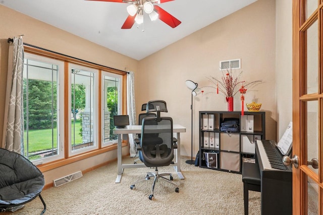3426 W Links Dr, Franklin, WI 53132 - office featuring lofted ceiling, carpet floors, and ceiling fan