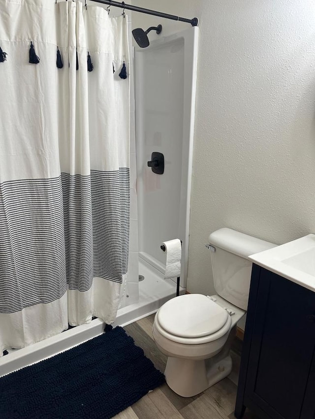 W6767 Pine Ave, Medford, WI 54451 - full bathroom with wood finished floors, a shower with shower curtain, vanity, and a textured wall