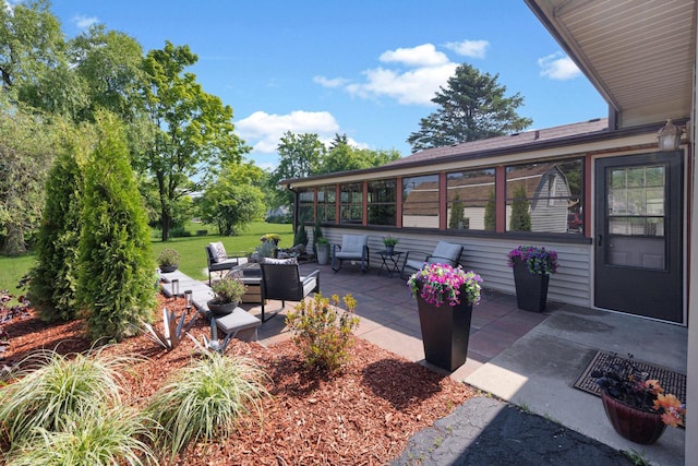 N78W15518 Old Gate Rd, Menomonee Falls, WI 53051 - wooden deck featuring a patio, an outdoor hangout area, a yard, and a sunroom