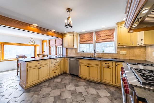 918 Fulton St, Wausau, WI 54403 - kitchen featuring stainless steel dishwasher, stove, range hood, dark countertops, and recessed lighting