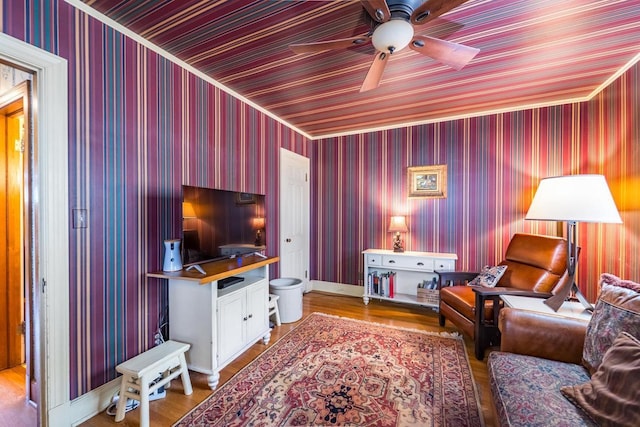 918 Fulton St, Wausau, WI 54403 - living area with wood finished floors, a ceiling fan, and wooden ceiling
