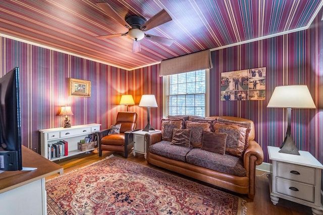 918 Fulton St, Wausau, WI 54403 - living area with a ceiling fan, wood finished floors, and wooden ceiling