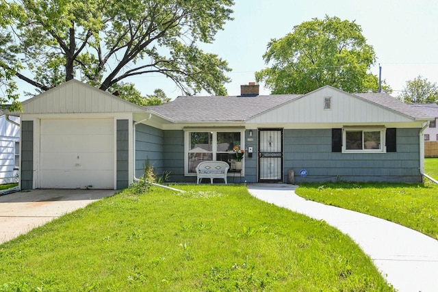 6148 N 38th St, Milwaukee, WI 53209 - ranch-style home featuring roof with shingles, concrete driveway, a front yard, a chimney, and an attached garage