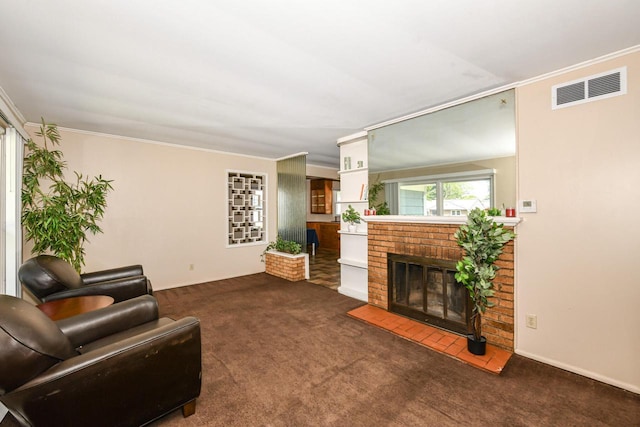 6148 N 38th St, Milwaukee, WI 53209 - living area featuring carpet floors, crown molding, and a brick fireplace