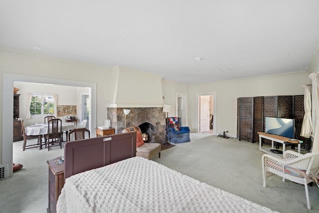 12600 W Prospect Dr, New Berlin, WI 53151 - bedroom featuring light carpet, crown molding, and a fireplace