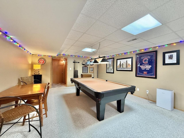 7975 Summit Dr, Delavan, WI 53115 - playroom with carpet floors, a paneled ceiling, and pool table
