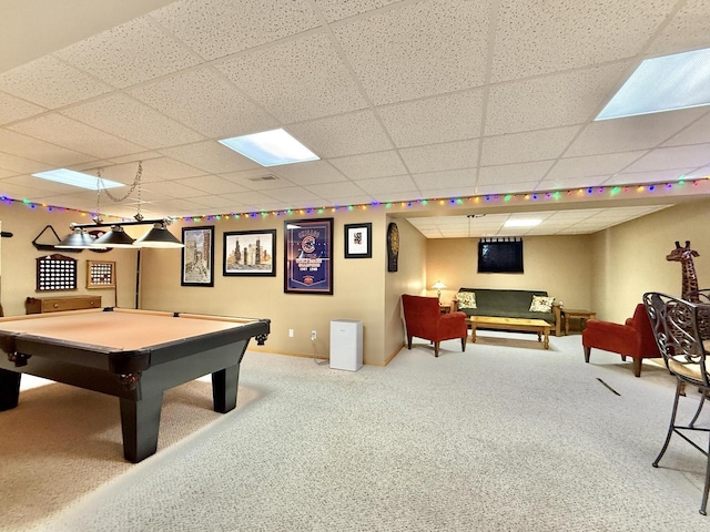 7975 Summit Dr, Delavan, WI 53115 - playroom featuring carpet, a paneled ceiling, and pool table