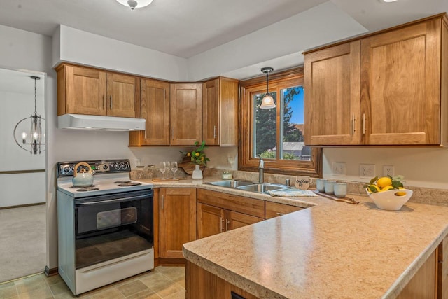 1512 David Ln, Waukesha, WI 53189 - kitchen with electric range, ventilation hood, brown cabinets, decorative light fixtures, and light countertops