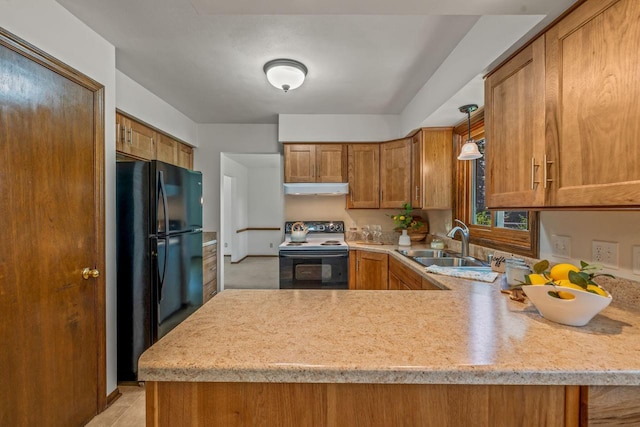 1512 David Ln, Waukesha, WI 53189 - kitchen with electric stove, under cabinet range hood, freestanding refrigerator, and light countertops