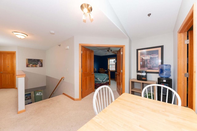 W162S7013 Olive Cir, Muskego, WI 53150 - carpeted dining space featuring a ceiling fan and lofted ceiling