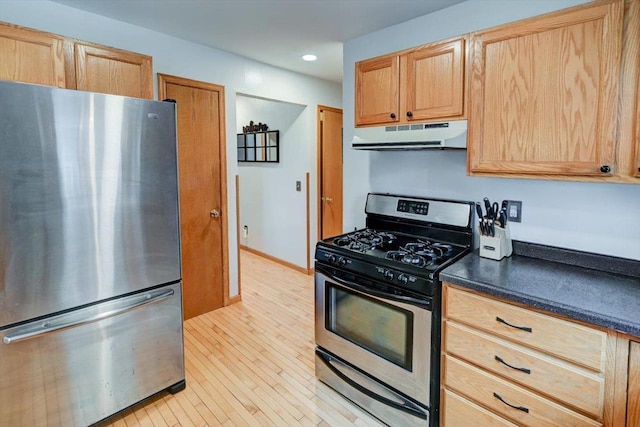 130 W Windsor Ave, Cottage Grove, WI 53527 - kitchen featuring appliances with stainless steel finishes, under cabinet range hood, dark countertops, light brown cabinets, and recessed lighting