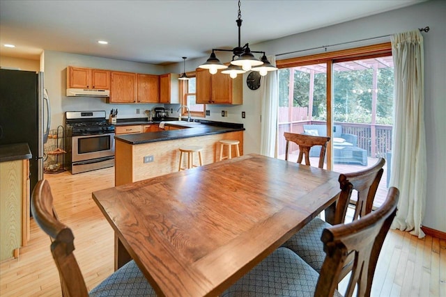 130 W Windsor Ave, Cottage Grove, WI 53527 - kitchen featuring appliances with stainless steel finishes, under cabinet range hood, a peninsula, dark countertops, and light wood-style flooring