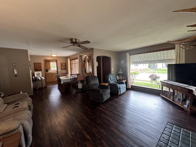 34 Elm Street N, St, La Crescent, MN 55947 - living area featuring ceiling fan, dark wood-style flooring, and arched walkways