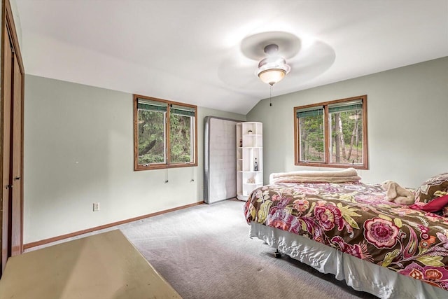 1450 Weber Ct, Hartland, WI 53029 - bedroom featuring multiple windows, lofted ceiling, carpet, and ceiling fan