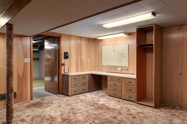 3720 Elm Dr, La Crosse, WI 54601 - unfurnished office with light carpet, wooden walls, and built in desk