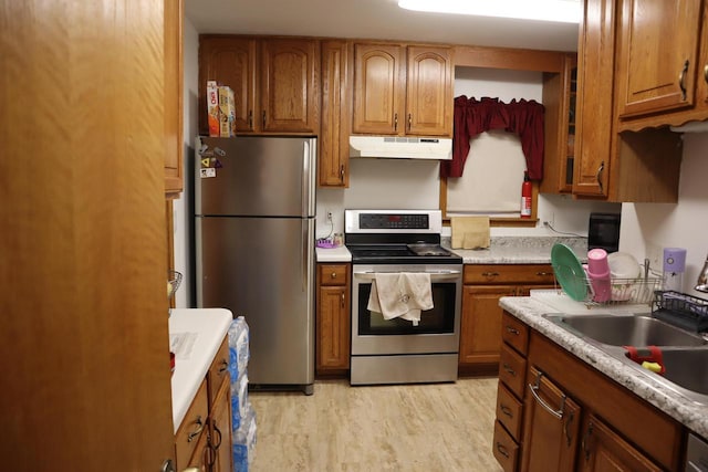 2218 Jerome Blvd, Racine, WI 53403 - kitchen featuring stainless steel appliances, under cabinet range hood, and brown cabinetry