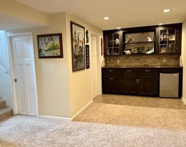W254S6620 Ridge Rd, Waukesha, WI 53189 - indoor bar featuring dishwasher, light colored carpet, decorative backsplash, stairway, and recessed lighting