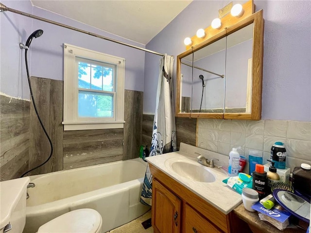 306 E Race Ave, Elmwood, WI 54740 - bathroom featuring shower / bath combination with curtain, vanity, and decorative backsplash