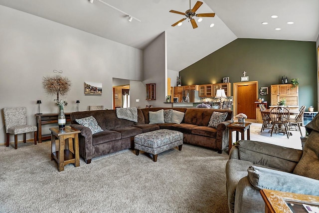 6320 10th Pl, Kenosha, WI 53144 - living room with light colored carpet, high vaulted ceiling, a ceiling fan, and recessed lighting