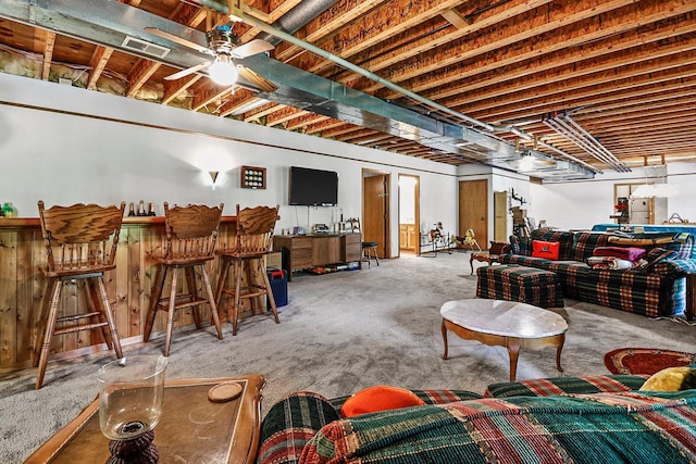 6320 10th Pl, Kenosha, WI 53144 - basement featuring carpet, a ceiling fan, and a dry bar