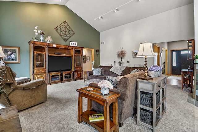 6320 10th Pl, Kenosha, WI 53144 - carpeted living area featuring high vaulted ceiling and track lighting