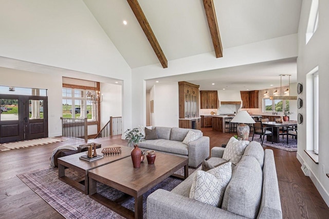 3330 Colton Way, Sun Prairie, WI 53590 - living room featuring high vaulted ceiling, dark wood finished floors, beam ceiling, and recessed lighting
